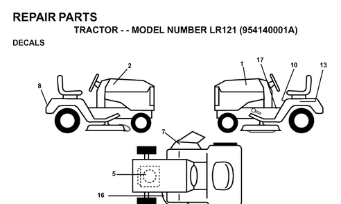 Decals Diagram and Parts List for LR121 (954140001A)(1997-01) Husqvarna Lawn Tractor