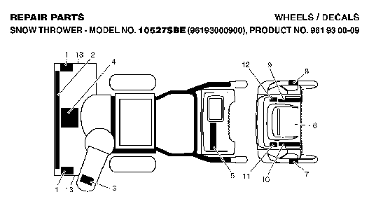 Decals Diagram and Parts List for 10527SBE (96193000900, 961930009)(2006-05) Husqvarna Snow Blower
