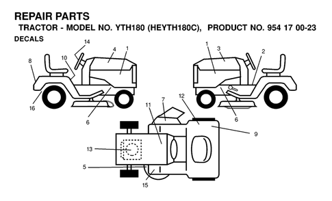 Decals Diagram and Parts List for YTH180 (954170023-C)(2000-03) Husqvarna Lawn Tractor