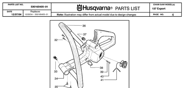 Fuel Tank And Handle Diagram and Parts List for 137 20050100001-20064900000 Husqvarna Chainsaw