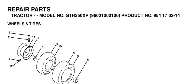 Wheels And Tires Diagram and Parts List for GTH250XP (96021000100)(2005-01) Husqvarna Lawn Tractor