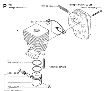 Cylinder, Piston And Muffler Diagram and Parts List for 326RX 20061400001-20070100000 Husqvarna Brush Cutter