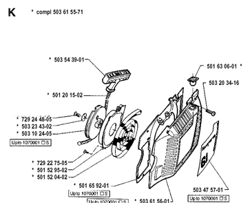 Starter Diagram and Parts List for 61 19910900001-19933600000 Husqvarna Chainsaw