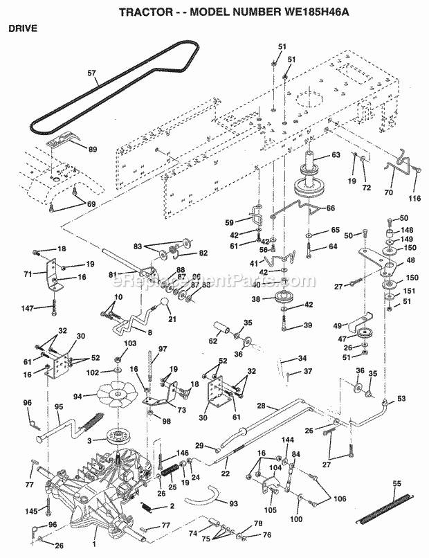 Drive Diagram and Parts List for WE185H46A 1998 Husqvarna Lawn Tractor