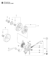 Clutch And Oil Pump Diagram and Parts List for 570AUTOTUNE 20104500001 - 20130900000 Husqvarna Chainsaw