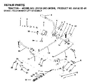 Brake / Rear Mower Lift Diagram and Parts List for LTH130 (HE13H36H, 954820001)(2000-02) Husqvarna Lawn Tractor