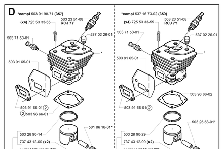 Cylinder Piston Diagram and Parts List for 357XP 20010100001-20014000000 Husqvarna Chainsaw