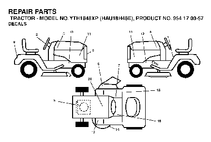 Decals Diagram and Parts List for YTH1848XP (HAU18H48E, 954170057)(2003-01) Husqvarna Lawn Tractor