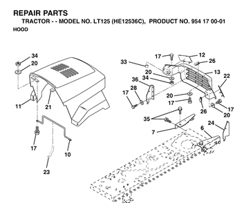 Hood Diagram and Parts List for LT125 (HE12536C)(1998-03) Husqvarna Lawn Tractor