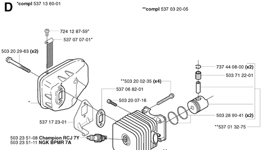 Cylinder, Piston And Muffler Diagram and Parts List for 323HD60 20022200001-20062300000 Husqvarna Hedge Trimmer