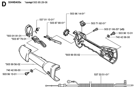 Handle And Controls Diagram and Parts List for 324HDA55 (X-SERIES)(20041800001-20053600000) Husqvarna Hedge Trimmer
