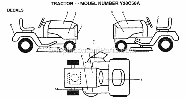 Decals Diagram and Parts List for Y20C50A 1995 Husqvarna Lawn Tractor