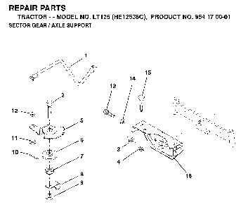 Sector Gear / Axle Support Diagram and Parts List for LT125 (HE12536C, 954170001)(1996-01) Husqvarna Lawn Tractor