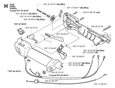 Handle And Controls Diagram and Parts List for 325RDX 20051800001 & Above Husqvarna Trimmer