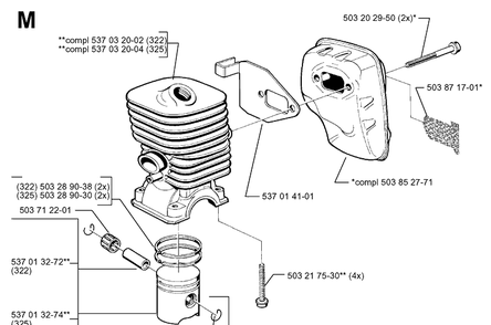 Cylinder Piston Diagram and Parts List for 325RX 19991000001-20001900000 Husqvarna Brush Cutter