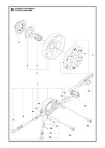 Clutch And Oil Pump Diagram and Parts List for 545-545G Mark II Husqvarna Chainsaw