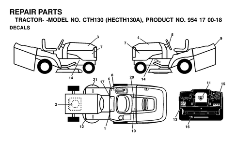 Decals Diagram and Parts List for CTH130 (954170018-A)(2000-03) Husqvarna Lawn Tractor