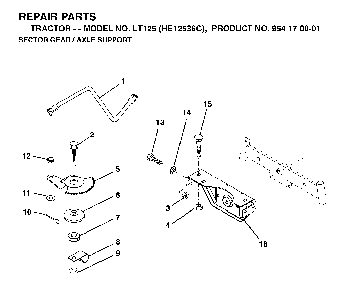Sector Gear / Axle Support Diagram and Parts List for LT125 (HE12536C, 954170001)(1998-03) Husqvarna Lawn Tractor