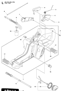 Fuel Tank Diagram and Parts List for 445 20103600001-20112700000 Husqvarna Chainsaw