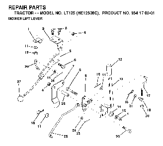 Mower Lift Lever Diagram and Parts List for LT125 (HE12536C, 954170001)(1998-03) Husqvarna Lawn Tractor