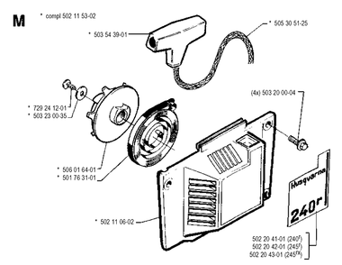Starter Diagram and Parts List for 245R 19900100001-19941400000 Husqvarna Brush Cutter