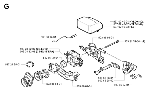 Carburetor And Air Filter Diagram and Parts List for 346XP 20032200001-20041000000 Husqvarna Chainsaw