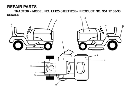 Decals Diagram and Parts List for LT125 (954170033-B)(2001-03) Husqvarna Lawn Tractor