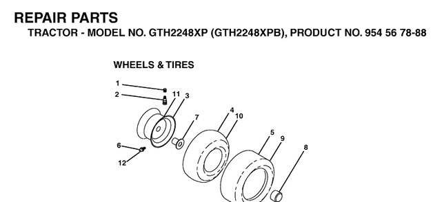 Wheels And Tires Diagram and Parts List for GTH2248XP-GTH2248XPB 2003-05 Husqvarna Lawn Tractor