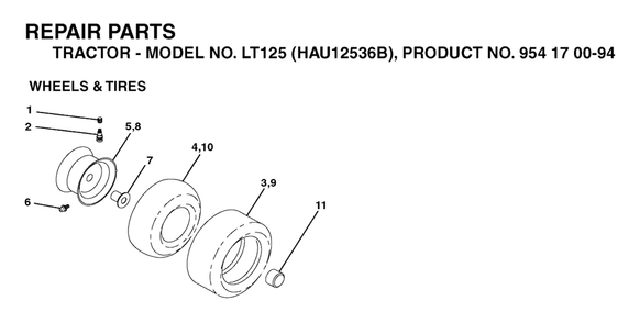 Wheels And Tires Diagram and Parts List for LT125 (954170094-B)(2003-01) Husqvarna Lawn Tractor