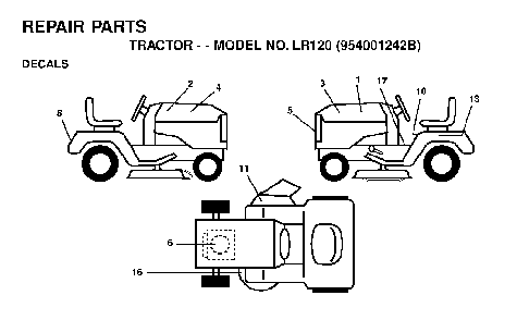 Decals Diagram and Parts List for LR120 (954001242B)(1995-02) Husqvarna Lawn Tractor