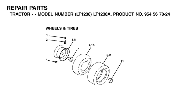 Wheels And Tires Diagram and Parts List for LT1238-LT1238A 2000-10 Husqvarna Lawn Tractor
