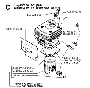 Cylinder Piston Diagram and Parts List for 288 19974900001-20000600000 Husqvarna Chainsaw