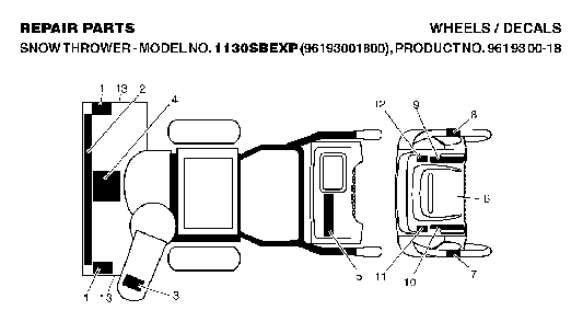 Decals Diagram and Parts List for 1130SBEXP (96193001800, 961930018)(2006-10) Husqvarna Snow Blower