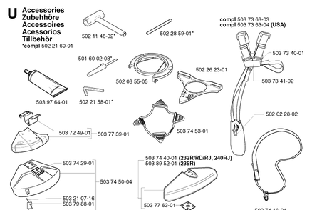 Accessories Diagram and Parts List for 235R 20023500001-20060100000 Husqvarna Brush Cutter