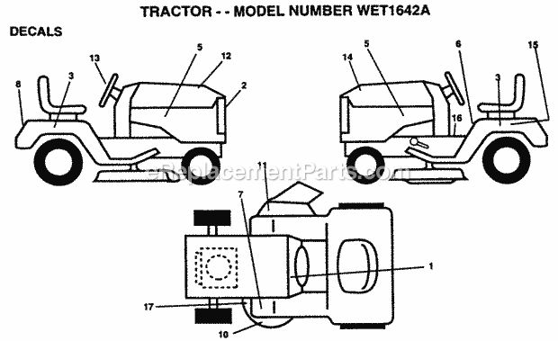 Decals Diagram and Parts List for WET1642A 1995 Husqvarna Lawn Tractor