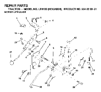 Mower Lift Lever Diagram and Parts List for LTH130 (HE13H36H, 954820001)(2000-02) Husqvarna Lawn Tractor