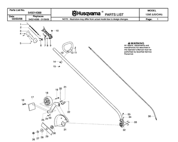 Product Complete 2 Diagram and Parts List for 125E 20061000001-20082200000 Husqvarna Edger