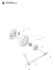 Clutch And Oil Pump Diagram and Parts List for 440E 20090400001-20102300000 Husqvarna Chainsaw