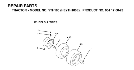 Wheels And Tires Diagram and Parts List for YTH180 (954170023-E)(2001-01) Husqvarna Lawn Tractor