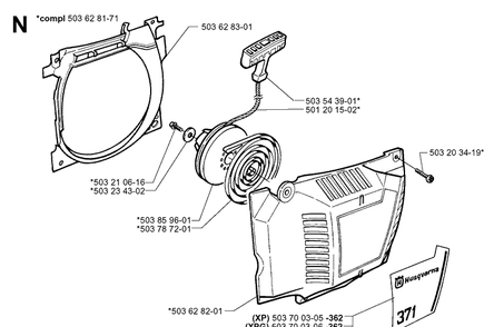 Starter Diagram and Parts List for 371XP 19991800001-Current Husqvarna Chainsaw