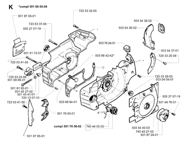 Crankcase Diagram and Parts List for 262XP 19981400001-19992300000 Husqvarna Chainsaw