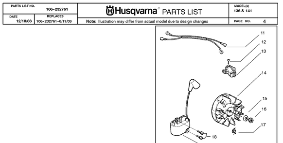 Ignition System Diagram and Parts List for 136 20040100001-Current Husqvarna Chainsaw