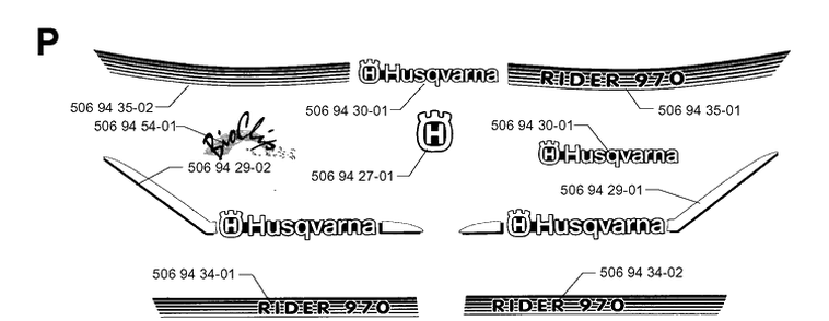 Decals Diagram and Parts List for RIDER970 1998-03 Husqvarna Lawn Mower