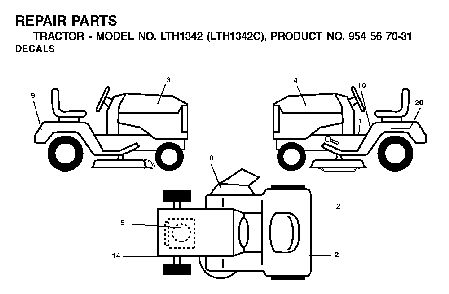 Decals Diagram and Parts List for LTH1342 (LTH1342C, 954567031)(2001-11) Husqvarna Lawn Tractor