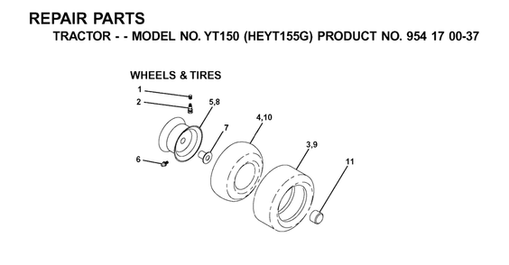 Wheels And Tires Diagram and Parts List for YT150 (954170037-G)(2001-01) Husqvarna Lawn Tractor