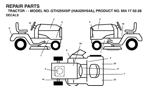 Decals Diagram and Parts List for GTH2554XP (HAU25H54A)(2004-09) Husqvarna Lawn Tractor