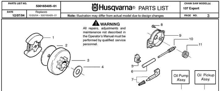 Clutch And Oil Pump Diagram and Parts List for 137 20050100001-20064900000 Husqvarna Chainsaw