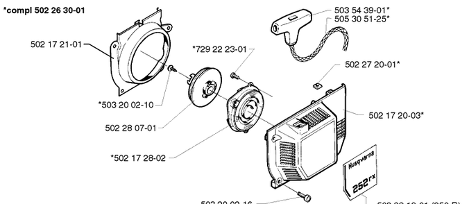 Starter Assembly Diagram and Parts List for 250R 1999-04 Husqvarna Brush Cutter