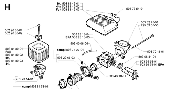 Carburetor And Air Filter Diagram and Parts List for 372XP/ (XPG)(20014000001-20034000000) Husqvarna Chainsaw