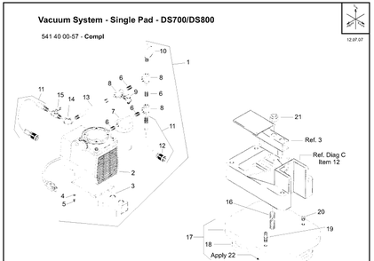 Vacuum System - Single Pad Diagram and Parts List for DS700 (504625401)(2007-12) Husqvarna Lawn Tractor Accessories